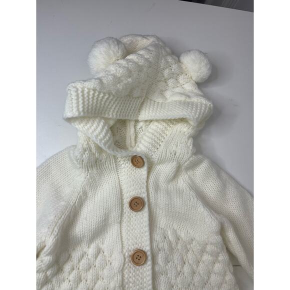 Hand Knit Hooded Pompom Cream Infant Onsie (Approx 6-12) - Picture 3 of 5